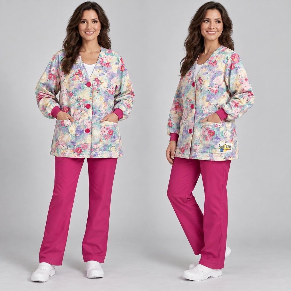 Scrub Factory Floral Scrub Jacket Womens XL Pink Watercolor Cotton Warm Up Coat